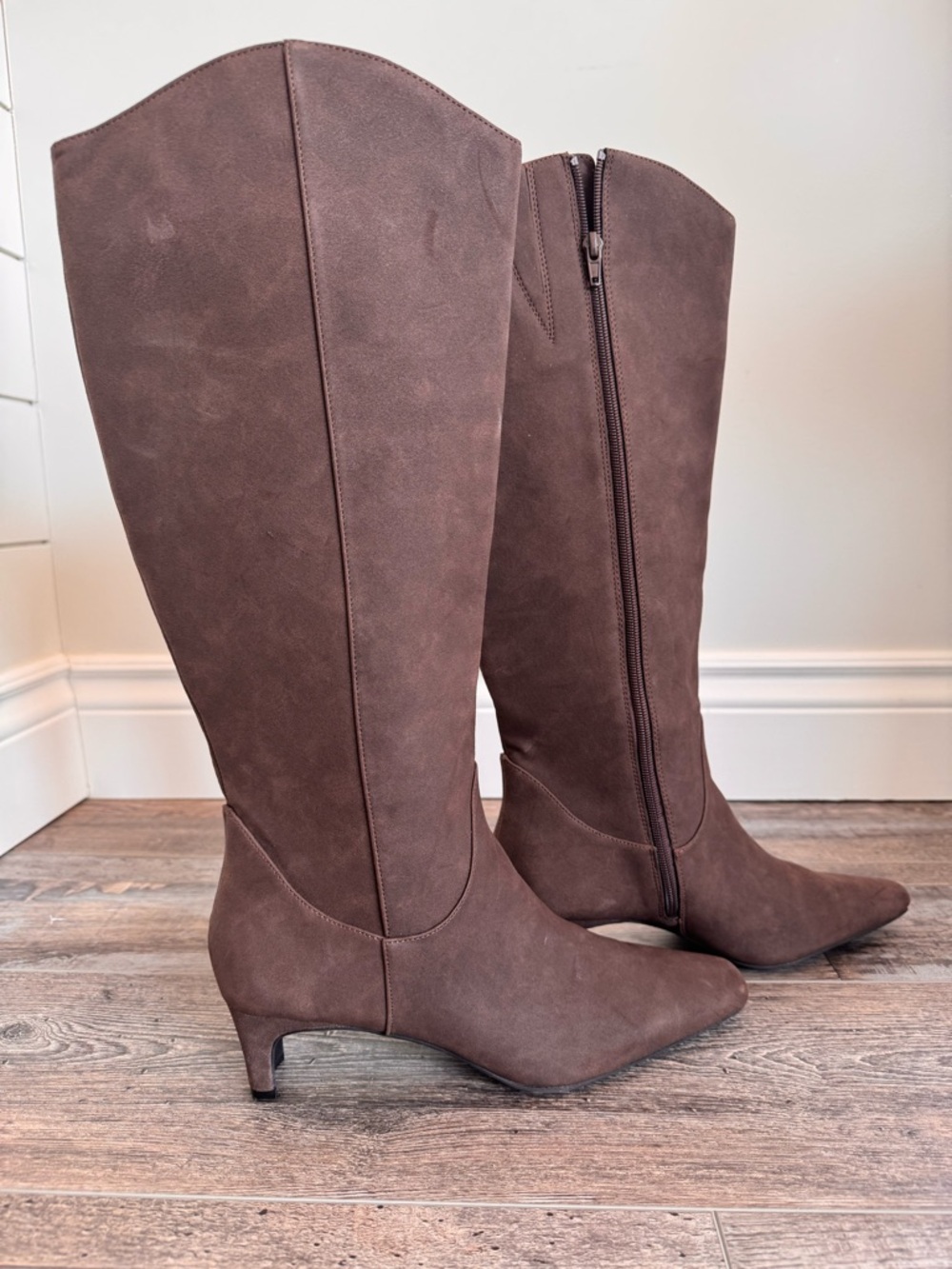 BCBG Chocolate Brown Knee-High Kitten Heel Boots